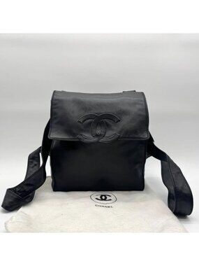 Chanel Backpack Big CC Logo Lambskin Leather Black with Seal